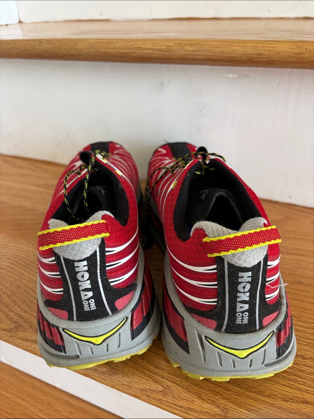 Hoka One One Red Black Athletic Shoes with Yellow Accents - Picture 5 of 9